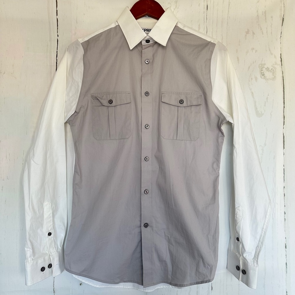 NWT EXPRESS Gray White Colorblock Button Up Long Sleeve Shirt Small S 14-14.5